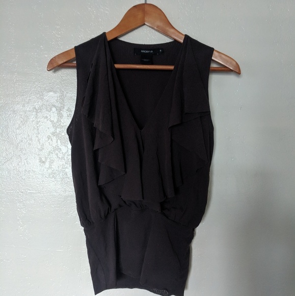 Brown mesh ruffle v neck top - Picture 1 of 4
